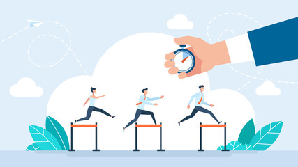 Businessmen and businesswomen jumping over hurdles. Stopwatch. Time management. Manager jumping over ascending obstacles like a hurdle race. Overcoming difficulties. Business illustration.