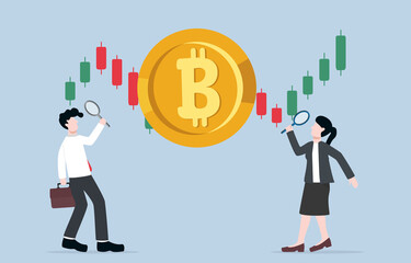 Bitcoin or crypto coin analysis for speculation, predicting appropriate time to make profit from cryptocurrency trading concept. Businesspersonsusing magnifier to look at bitcoin candlestick graph.