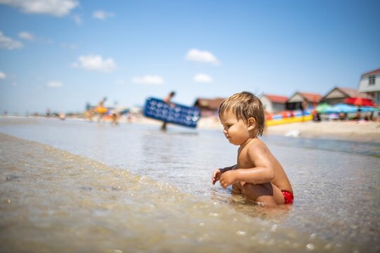 Kid Collects Shells And Pebbles In The Sea On A Sandy Bottom Under The Summer Sun On A Vacation