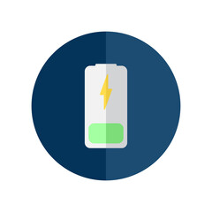 battery charge icon concept. low battery. blue circle background. charge, battery, energy.