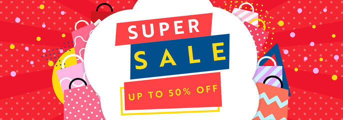 シンプルで可愛いスーパーセールバナー広告テンプレート（赤）　Simple and cute super sale banner ad template (red) - obrazy, fototapety, plakaty