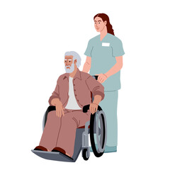 A nurse is wheeling an old man in a wheelchair. A smiling pensioner in the hospital. Vector illustration isolated on a white background in a cartoon and flat design.