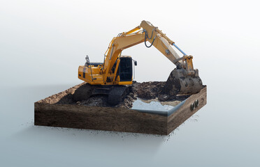 Hydraulic Excavator backhoe.3d isometric.Front side view.