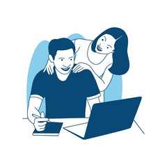 flat style vector illustration Beautiful young couple is using a laptop work from home