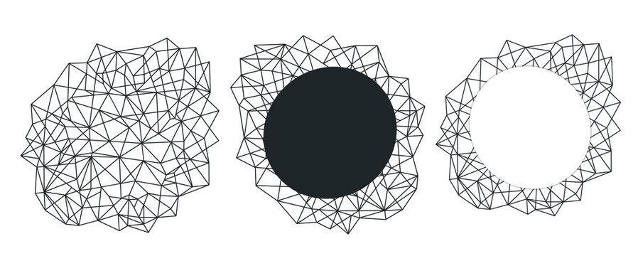 Set de formas abstractas con líneas de render. Formas de redes tecnológicas o mallas de líneas en blanco y negro. Recurso gráfico