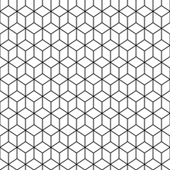 Repeated white cubes with black edges background. Geometric shapes wallpaper. Seamless surface pattern design with polygons. Cubic motif. Digital paper with dices for web designing, textile print.