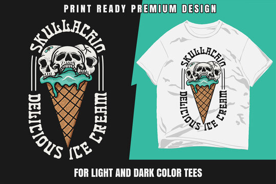Skullachio skull ice cream vintage t shirt design. Cute skull cone vector illustrations for logo, poster, merchandise t-shirt and label designs, stickers, greeting cards