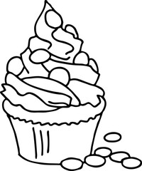 Sweet tasty dessert cupcake with cream and deco for morning breakfast in café or restaurant. Mini birthday cake for pleasure. Hand drawn retro vintage vector illustration. Old style line drawing.