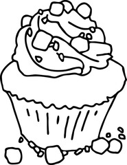 Sweet tasty dessert cupcake with cream and deco for morning breakfast in café or restaurant. Mini birthday cake for pleasure. Hand drawn retro vintage vector illustration. Old style line drawing.