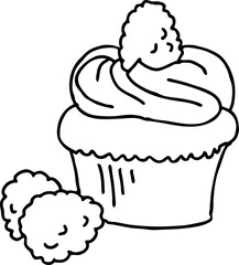 Sweet tasty dessert cupcake with cream and deco for morning breakfast in café or restaurant. Mini birthday cake for pleasure. Hand drawn retro vintage vector illustration. Old style line drawing.