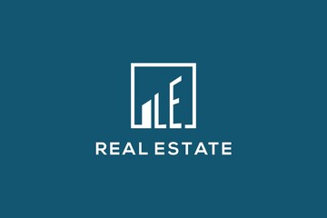 Letter LE square line with building logo design, creative monogram logo style for real estate company - obrazy, fototapety, plakaty