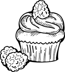 Sweet tasty dessert cupcake with cream and deco for morning breakfast in café or restaurant. Mini birthday cake for pleasure. Hand drawn retro vintage vector illustration. Old style line drawing.