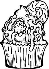 Sweet tasty dessert cupcake with cream and deco for morning breakfast in café or restaurant. Mini birthday cake for pleasure. Hand drawn retro vintage vector illustration. Old style line drawing.