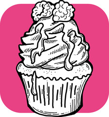 Sweet tasty dessert cupcake with cream and deco for morning breakfast in café or restaurant. Mini birthday cake for pleasure. Hand drawn retro vintage colourful vector illustration. Old style drawing.