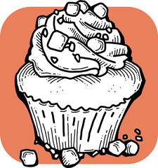 Sweet tasty dessert cupcake with cream and deco for morning breakfast in café or restaurant. Mini birthday cake for pleasure. Hand drawn retro vintage colourful vector illustration. Old style drawing.