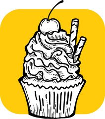 Sweet tasty dessert cupcake with cream and deco for morning breakfast in café or restaurant. Mini birthday cake for pleasure. Hand drawn retro vintage colourful vector illustration. Old style drawing.