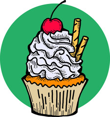 Sweet tasty dessert cupcake with cream and deco for morning breakfast in café or restaurant. Mini birthday cake for pleasure. Hand drawn retro vintage colourful vector illustration. Old style drawing.