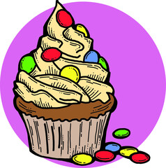 Sweet tasty dessert cupcake with cream and deco for morning breakfast in café or restaurant. Mini birthday cake for pleasure. Hand drawn retro vintage colourful vector illustration. Old style drawing.