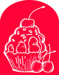 Sweet tasty dessert cupcake with cream and deco for morning breakfast in café or restaurant. Mini birthday cake for pleasure. Hand drawn retro vintage colourful vector illustration. Old style drawing.