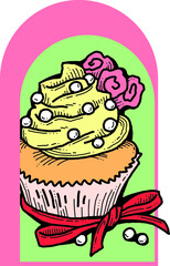 Sweet tasty dessert cupcake with cream and deco for morning breakfast in café or restaurant. Mini birthday cake for pleasure. Hand drawn retro vintage colourful vector illustration. Old style drawing.