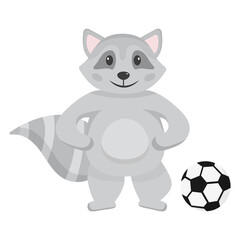 Fototapeta na wymiar The raccoon plays football. Cute character for children's sports section. Motivation for sports.