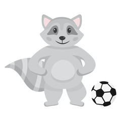 The raccoon plays football. Cute character for children's sports section. Motivation for sports.