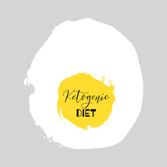 Ketogenic diet. Lettering on hand paint fried egg watercolor texture isolated on white background. Ink dry brush stains, stroke, splash, smudge, scribble. Low carb healthy food nutrition quote poster. - 515885204