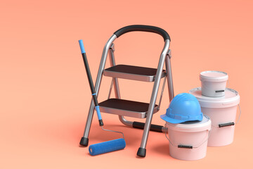 Set of folding ladder, bucket, helmet with paint rollers and brushes on orange