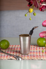 Aluminum glass with ilex paraguariensis, yerba mate, terere with lemon and bomb