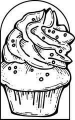 Sweet tasty dessert cupcake with cream and deco for morning breakfast in café or restaurant. Mini birthday cake for pleasure. Hand drawn retro vintage vector illustration. Old style line drawing.