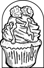Sweet tasty dessert cupcake with cream and deco for morning breakfast in café or restaurant. Mini birthday cake for pleasure. Hand drawn retro vintage vector illustration. Old style line drawing.