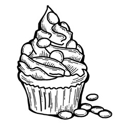 Sweet tasty dessert cupcake with cream and deco for morning breakfast in café or restaurant. Mini birthday cake for pleasure. Hand drawn monochrome retro vintage illustration. Old style line drawing.