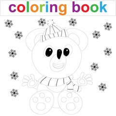 Coloring page template with cartoon teddy bear and snowflakes for kids