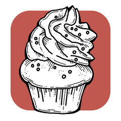 Sweet tasty dessert cupcake with cream and deco for morning breakfast in café or restaurant. Mini birthday cake for pleasure. Hand drawn colorful retro vintage illustration. Old style drawing.
