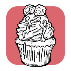 Sweet tasty dessert cupcake with cream and deco for morning breakfast in café or restaurant. Mini birthday cake for pleasure. Hand drawn colorful retro vintage illustration. Old style drawing.