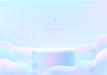Abstract 3D room with realistic pink, blue hologram color cylinder stand podium. Pastel cloud or bubbles flying. Minimal scene for mockup product display. Vector geometric forms. Round stage showcase. - obrazy, fototapety, plakaty