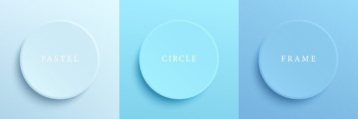 Set of pastel blue and white soft 3D circles round board frame design. Collection of geometric backdrop for cosmetic product display. Top view of pedestal or podium with copy space. Vector EPS10