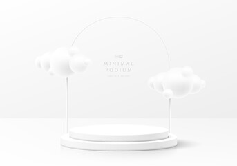 Abstract clean 3D room with realistic silver, white cylinder pedestal podium and white cloud flying. Minimal wall scene for mockup product display. Vector geometric forms design. Stage for showcase.
