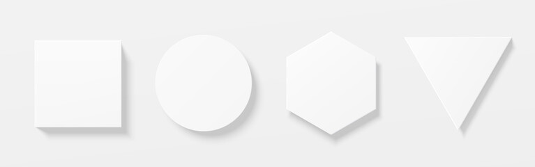 Set of white 3D round circle, square, hexagon and  triangle shape board frame. Collection of isolated geometric scene for mockup product display. Top view of pedestal or podium design. Vector EPS10.