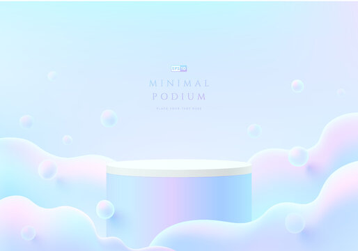 Abstract 3D room with realistic pink, blue hologram color cylinder stand podium. Pastel cloud or bubbles flying. Minimal scene for mockup product display. Vector geometric forms. Round stage showcase.