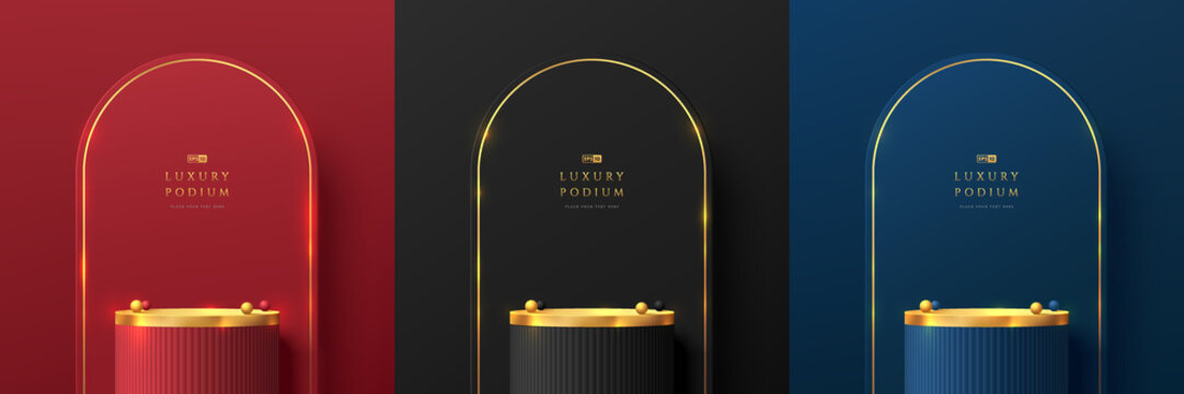Set of red, golden, blue realistic 3D cylinder stand podium with luxury arch shape scene background. Abstract vector rendering geometric forms. Mockup product display. Minimal scene. Stage showcase.