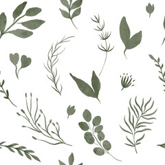 Seamless pattern of different tree, foliage natural branches, green leaves, herbs, tropical plant hand drawn watercolor Vector fresh beauty rustic eco friendly background on white.