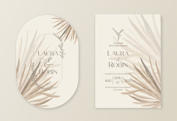 Wedding dried lunaria, pampas grass floral vector card. Watercolor Exotic dried flowers, palm leaves boho invitation template. Save the Date foliage cover, modern poster, trendy design. - obrazy, fototapety, plakaty