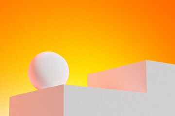 Minimal abstract scene with podium, air flying geometric bubble shapes on orange background. 3d rendering geometric shape, stage for awards on website in modern