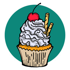 Sweet tasty dessert cupcake with cream and deco for morning breakfast in café or restaurant. Mini birthday cake for pleasure. Hand drawn colorful retro vintage illustration. Old style drawing.