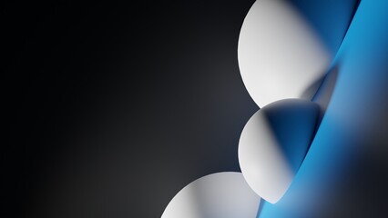 3D rendering. 3D illustration. Slightly rotated side view of a series of white spheres in a blue room.