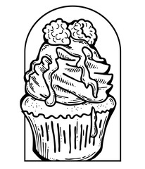 Sweet tasty dessert cupcake with cream and deco for morning breakfast in café or restaurant. Mini birthday cake for pleasure. Hand drawn monochrome retro vintage illustration. Old style line drawing.
