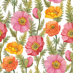 Seamless pattern with colorful watercolor poppies. Botanical print with yellow, pink and red poppies on a white background.