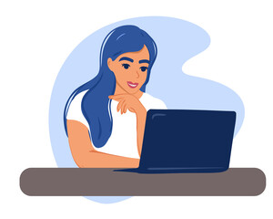 Distance learning online education and work Happy woman girl working in office remotely using laptop computer. Flat vector illustration.