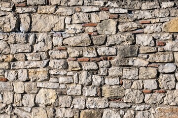 Photography of textured bric copy space with no people picture structured by element of beautiful rustic vintage grey wall surface. Horizontal photo can be used as background. No people view.